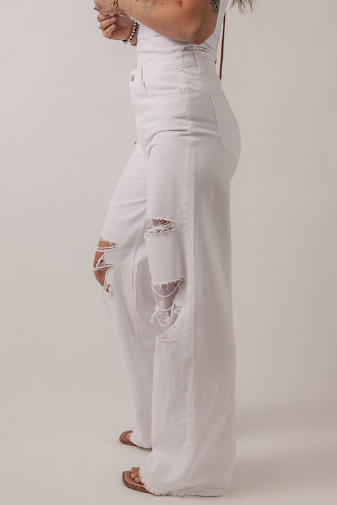 Bright White Heavy Distressed Straight Leg Jeans